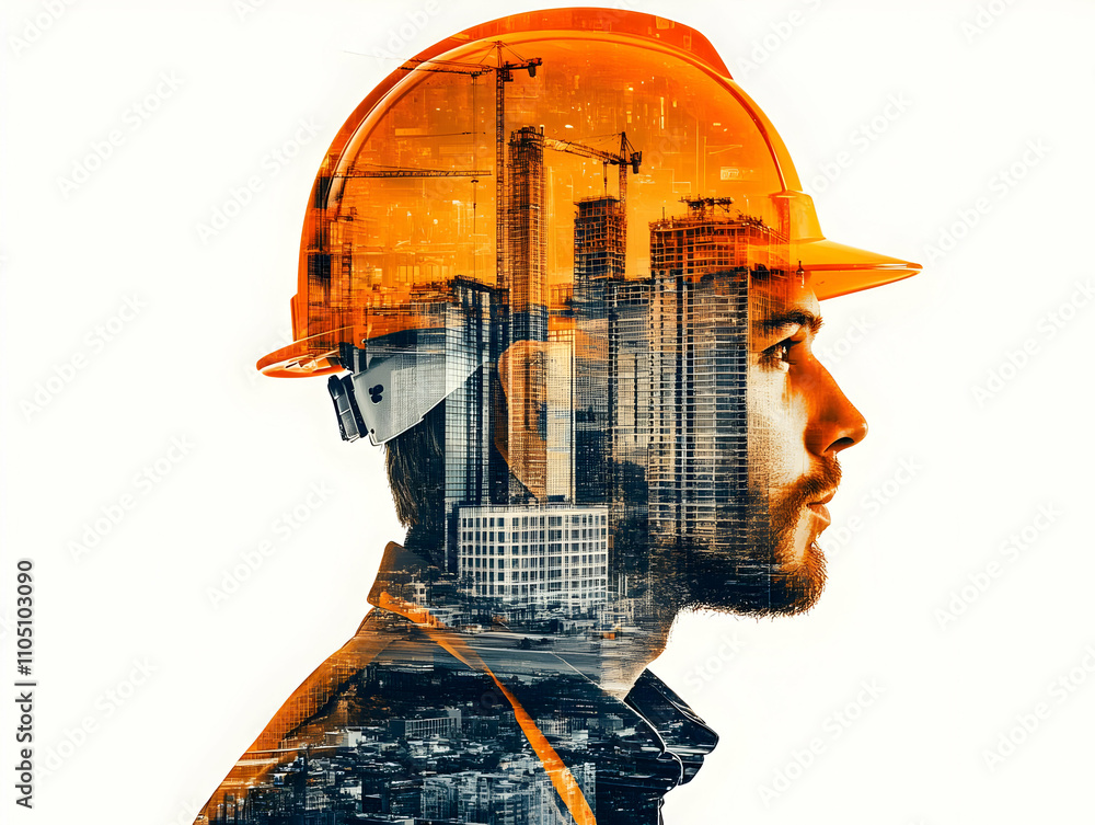 Poster a double exposure of a construction worker's profile with a city skyline overlay.
