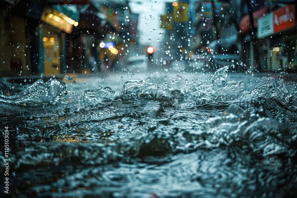 Poster a dynamic view of a cityâ€™s drainage system during a heavy rain, with water flowing efficiently thr