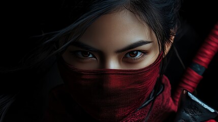 Naklejka premium A woman in a red mask and headband, holding a katana, stares intensely at the camera.