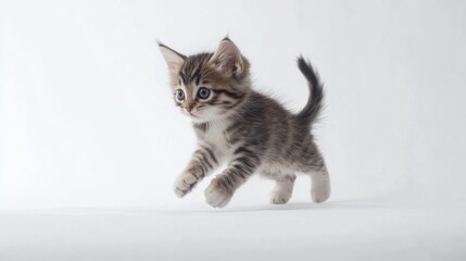 Obraz premium A Tabby Kitten Leaps Gracefully Across White Background