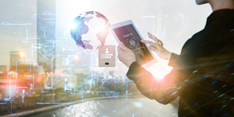 スマートウォッチで指紋認証する女性のビジネスグラフィックス