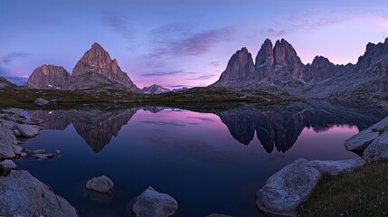 Serene mountain landscape reflecting in calm water at dusk.