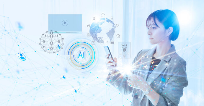 スマートウォッチで指紋認証する女性のビジネスグラフィックス