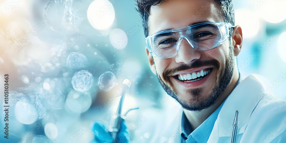 Poster A smiling scientist in a lab, holding tools, representing research and innovation in science.