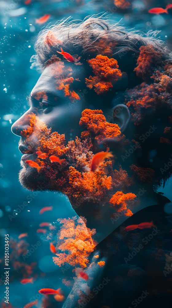 Poster A surreal image blending a man's profile with vibrant underwater elements and fish.