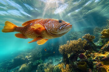 Fototapeta premium Leopard grouper (Mycteroperca rosacea) in its yellow phase, from the reefs of the Sea of Cortez. Cabo Pulmo National Park, Baja California Sur, Mexico. Cousteau named it The world's aquarium.