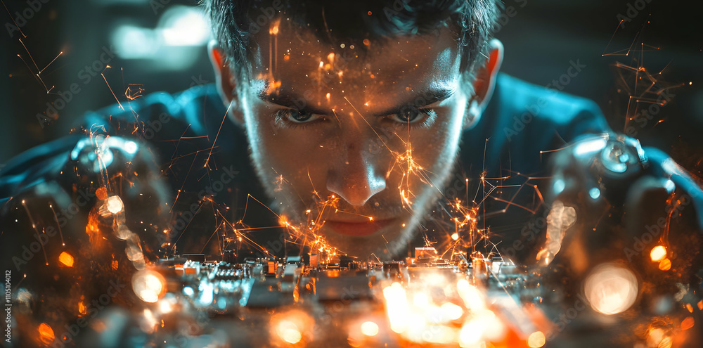 Poster a focused individual interacts with a glowing, futuristic circuit board, showcasing technology.
