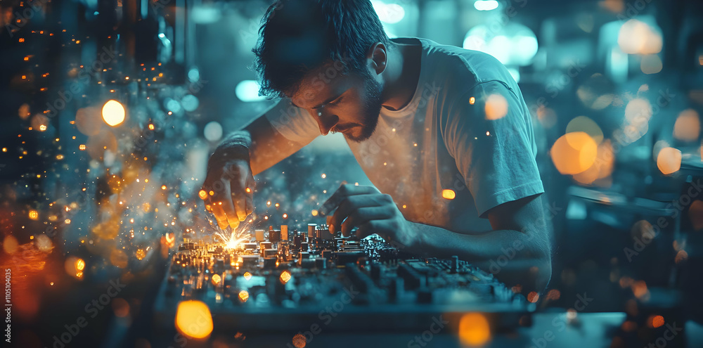Poster A focused individual working with machinery, creating sparks in a dimly lit workshop.