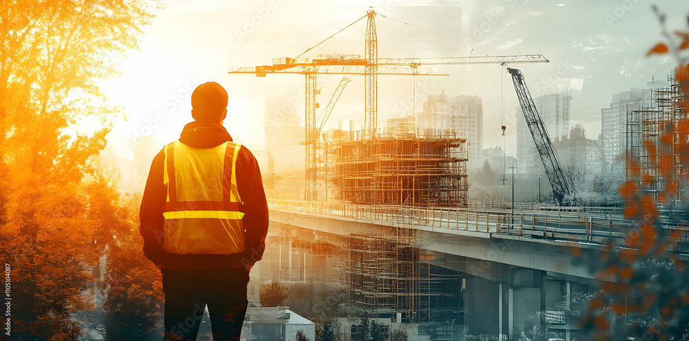 Poster a construction worker observes a building site at sunset, symbolizing progress and development.