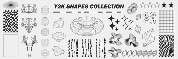 Abstract geometry wireframe shapes and patterns, cyberpunk elements, signs and perspective grids. Surreal geometric retro signs. Rave psychedelic futuristic Y2k acid aesthetic set. Vector illustration