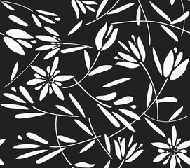 Seamless floral. Floral brush strokes seamless pattern, flowers hand-drawn, Hand drawn watercolour flowers and leaves paint brush pattern. Abstract WHITE ink flowers paint brush and strokes.eps