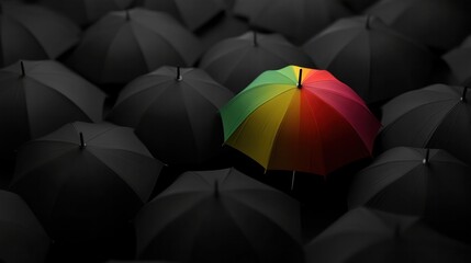 A unique vibrant rainbow umbrella stands out among black umbrellas, symbolizing individuality, creativity, and uniqueness for marketing, branding, and leadership concepts.
