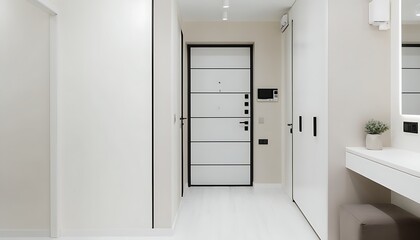 Minimalist Apartment Corridor with White Furniture Design.