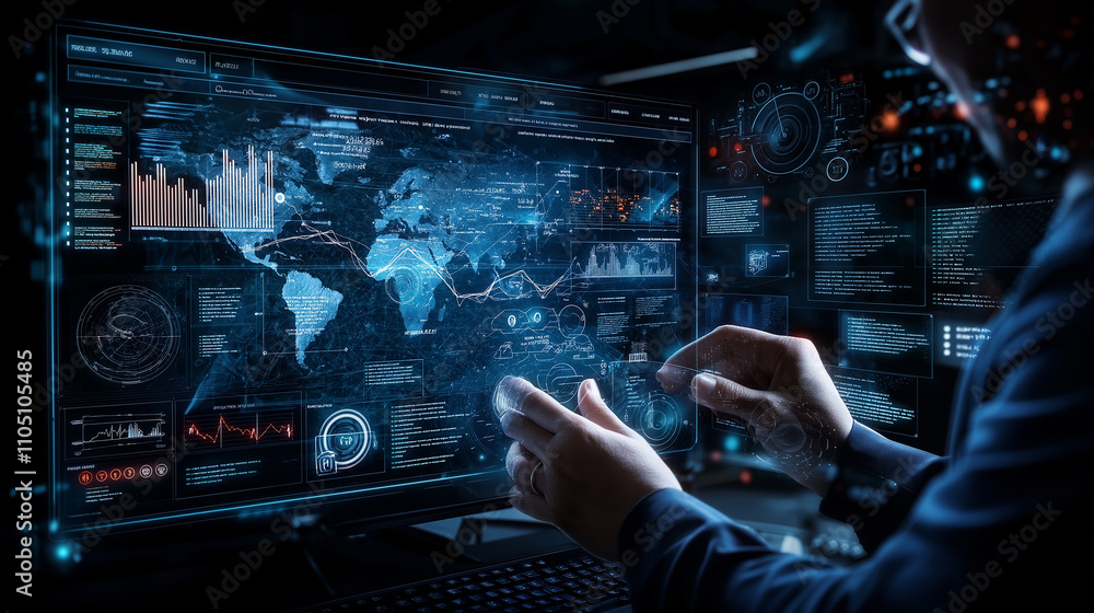 Poster business professional analyzing data visualization on digital screen
