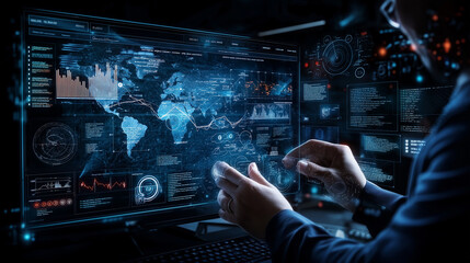 Business professional analyzing data visualization on digital screen