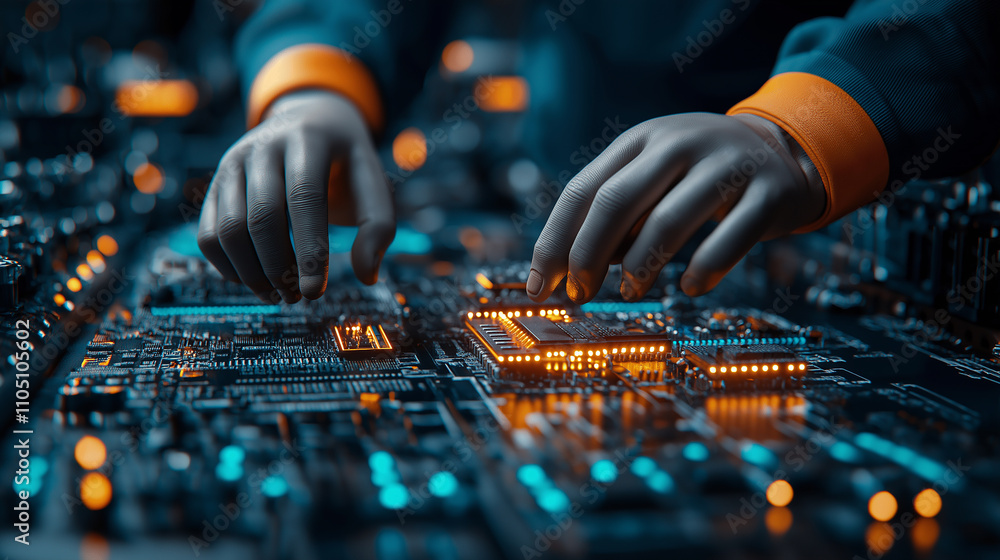 Poster robotic arm assembling components on circuit board in high tech environment