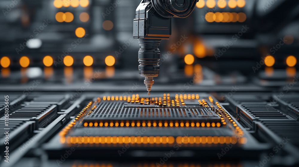 Poster robotic arm assembling electronic components in high tech environment