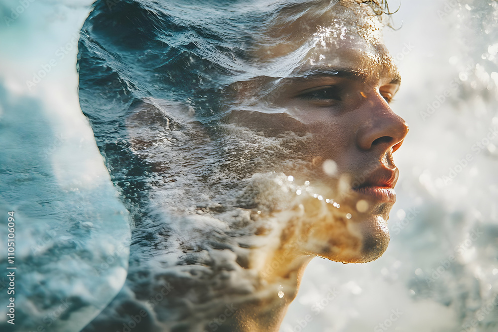 Poster A serene portrait blending human features with ocean waves, symbolizing connection to nature.