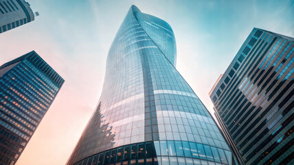 Futuristic skyscraper with a twisting design and glass facade viewed from a low angle against a blue sky. Architectural photography of a modern urban structure.