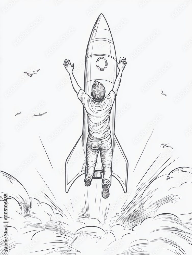Poster a man flying on the rocket raising his hand in the air. start up business concept. vector line desig