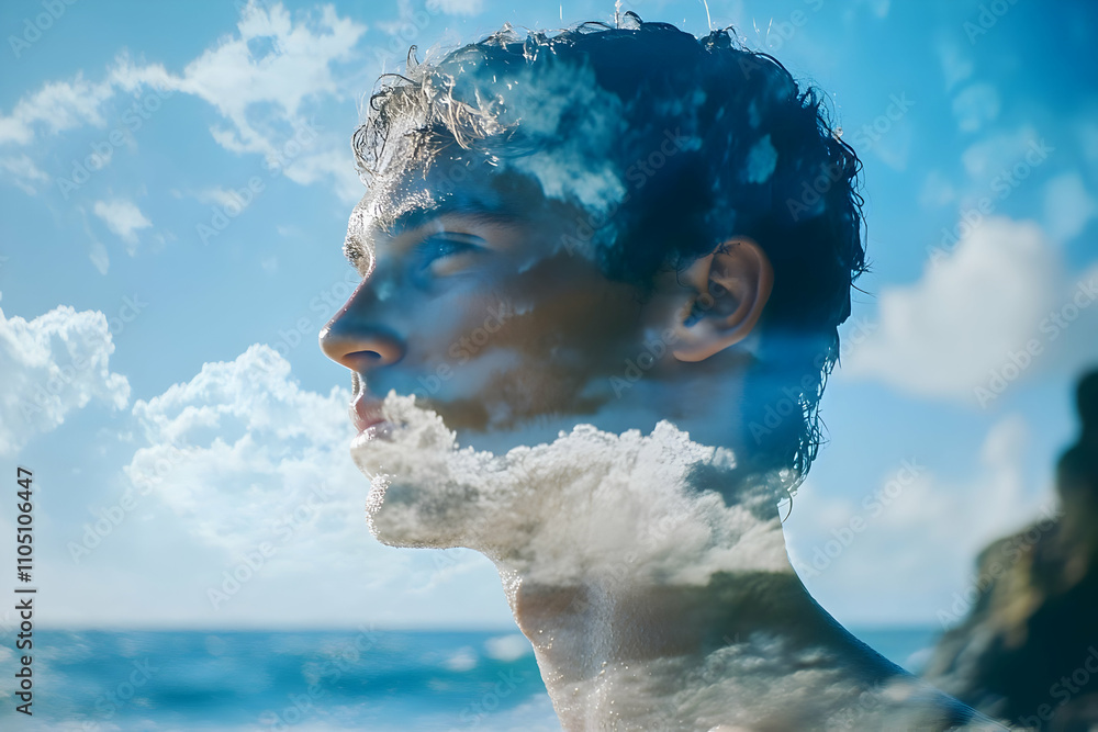 Poster A double exposure portrait blending a man's profile with ocean and sky elements.