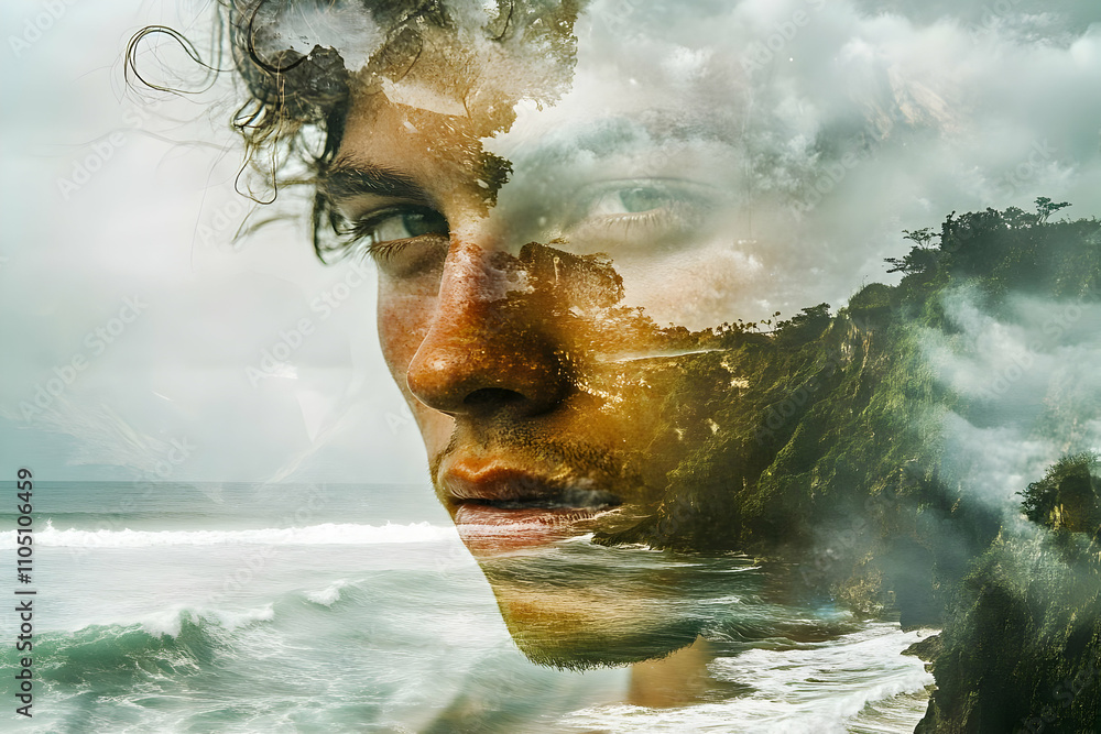Poster A double exposure image blending a person's face with ocean and cloud scenery.