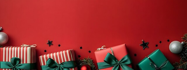 Festive red and green presents adorned with ribbons, surrounded by Christmas ornaments on a vibrant red backdrop, conveying a joyful holiday spirit,


