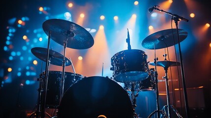 A drum set on a stage with blue and orange lights and smoke.