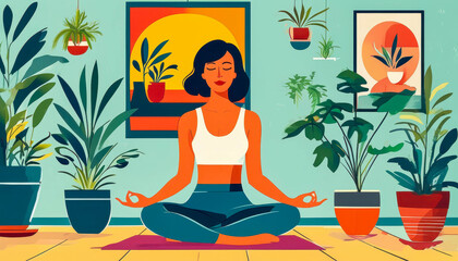 Woman meditating, with plants in the house, calming colors.