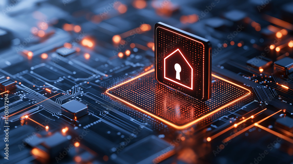 Poster digital security icon on circuit board, symbolizing protection