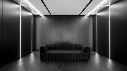 Black minimalist interior with a leather sofa and vertical light strips on the walls. Modern room design emphasizing dark tones and linear lighting