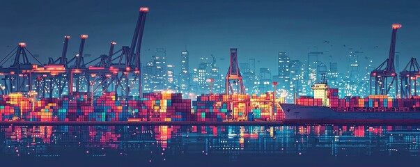 Obraz premium Colorful illustration of a bustling port with cranes and containers