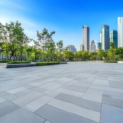 Urban plaza with contemporary design, midday scene, wide-angle perspective