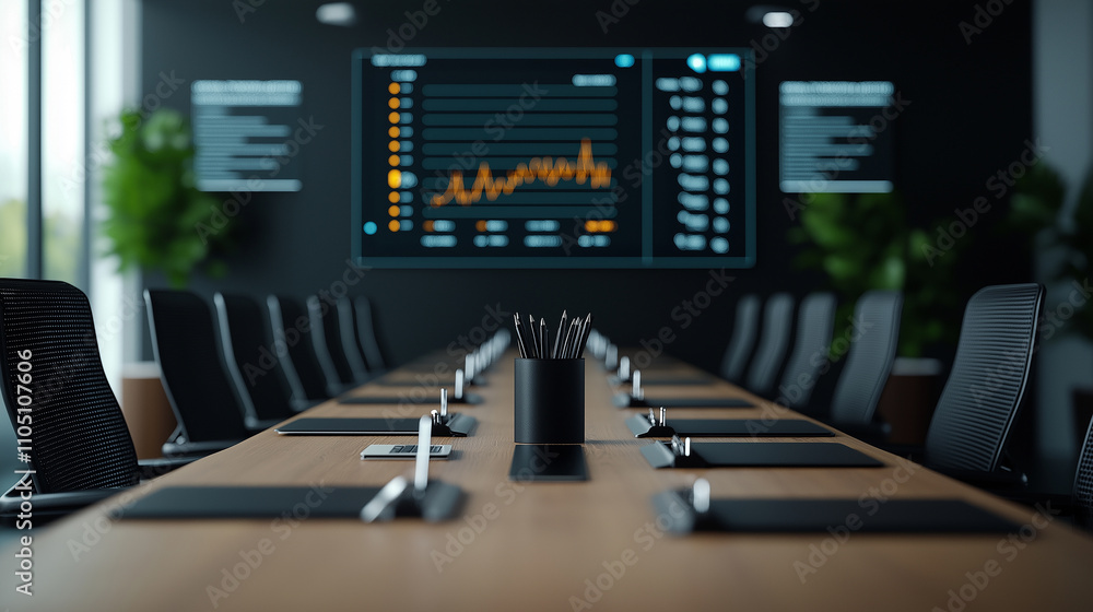 Poster modern conference room with large screen displaying data trends