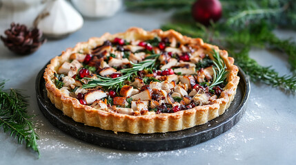 homemade mushroom tart garnished with fresh parsley and cherry tomatoes
