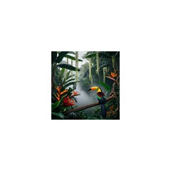A dense tropical jungle bursting with life. Large banana leaves, hanging vines, and brightly colored flowers such as birds of paradise and red ginger fill the scene. Mist rises between the plants, giv