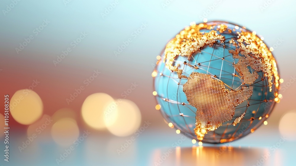 Wall mural global connections: illuminated earth globe with warm light bokeh background.