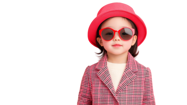 Cute little girl in red hat and sunglasses, a sunny day portrait of childhood joy summer fashion