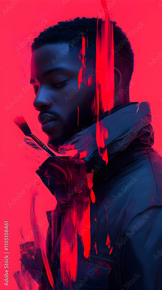 Poster A profile of a man against a vibrant red background with paint splashes.