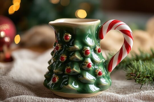 Christmas Tree Shaped Creamer With Candy Cane Handle - Powered by Adobe