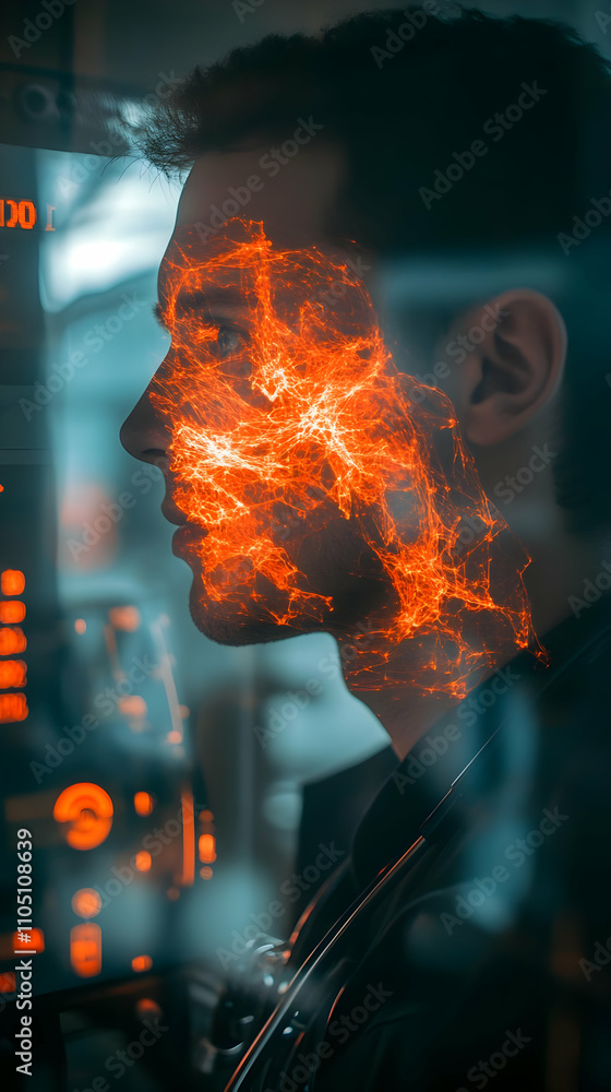 Poster a profile of a person with an abstract, fiery overlay, suggesting technology and innovation.