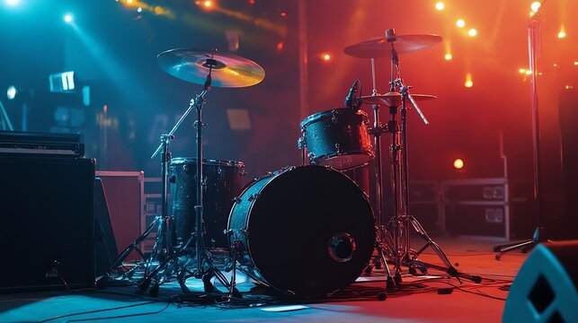 A drum set on stage with red and blue lights and smoke.