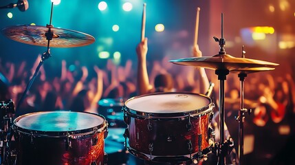 Obraz premium A drummer plays the drums on stage in front of a crowd.