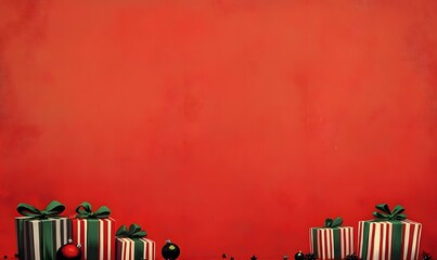 Festive red and green presents adorned with ribbons, surrounded by Christmas ornaments on a vibrant red backdrop, conveying a joyful holiday spirit,


