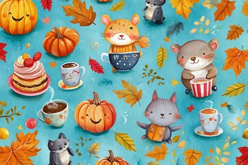 Fototapeta premium Halloween seamless pattern. on pink background. Watercolor hand drawn illustrations for kids. Cute cartoon character, ghost, pumpkin, bat, cat, lantern.