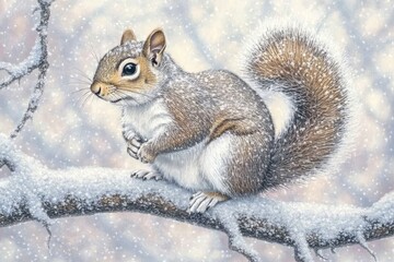 Obraz premium a fluffy squirrel perched on snow-covered branches
