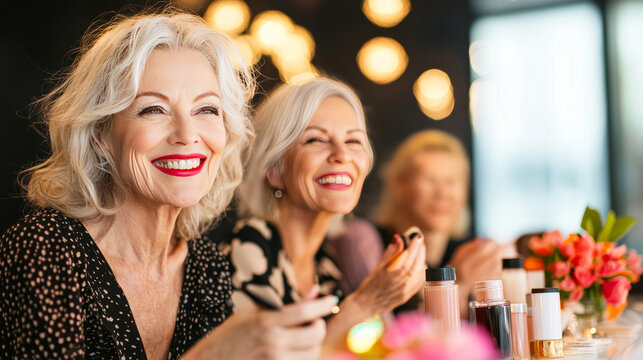 Radiant Laughter: Mature women enjoy a glamorous evening out, their smiles reflecting confidence and joy. The soft lighting and elegant attire create an air of sophistication and celebration. 