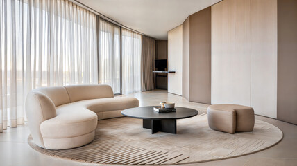 Minimalist living room interior with curved beige sofa, round black coffee table, ottoman, and sheer curtains in a light-filled space. Interior design concept for modern and elegant home decor.