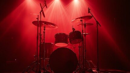 A drum set on stage with red lights and smoke.