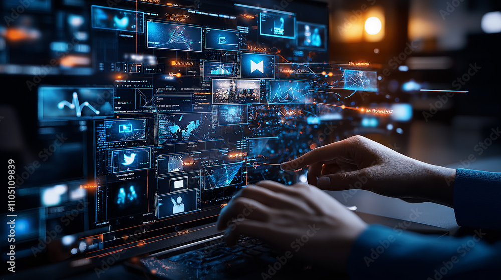 Poster content creator working on video for social media, surrounded by data visuals